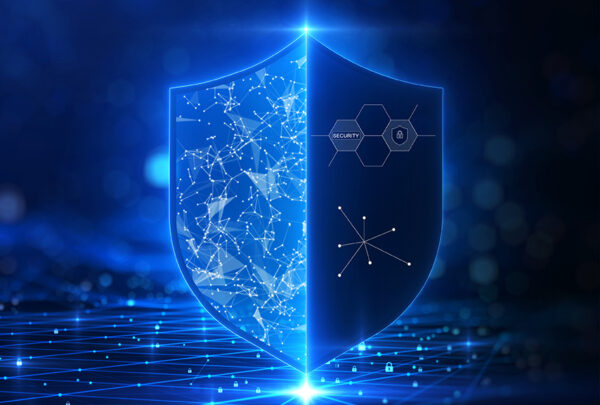 Cybersecurity technology privacy concept to protect data. There is a shield on the right hand side. against a dark blue background with glittering lights as the background.